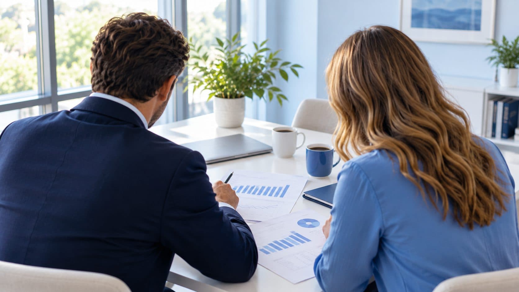 An advisor and a business owner, seen from behind, reviewing printed reports together at a bright meeting table.